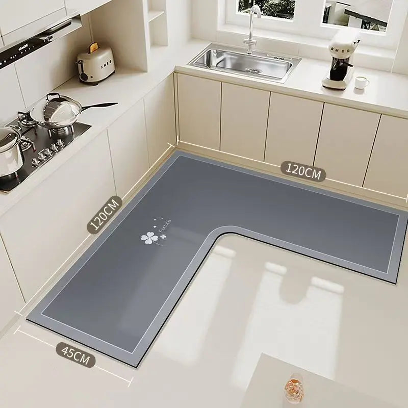 Simple Diatomaceous Earth Kitchen Rug, L-Shaped Home Restaurant Mat, Waterproof Oil-Resistant, Easy Clean, 120Cmx120Cm, Perfect for Kitchen Sink Corner
